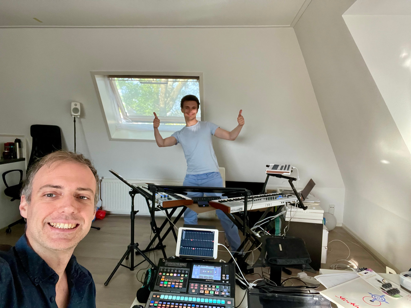 Juan Verdaguer (left) and Carlos Castro v.d. Elst (centre) in Juan's studio, preparing for SYNTHI-FOU at the Stockhausen Courses Kürten 2022. 